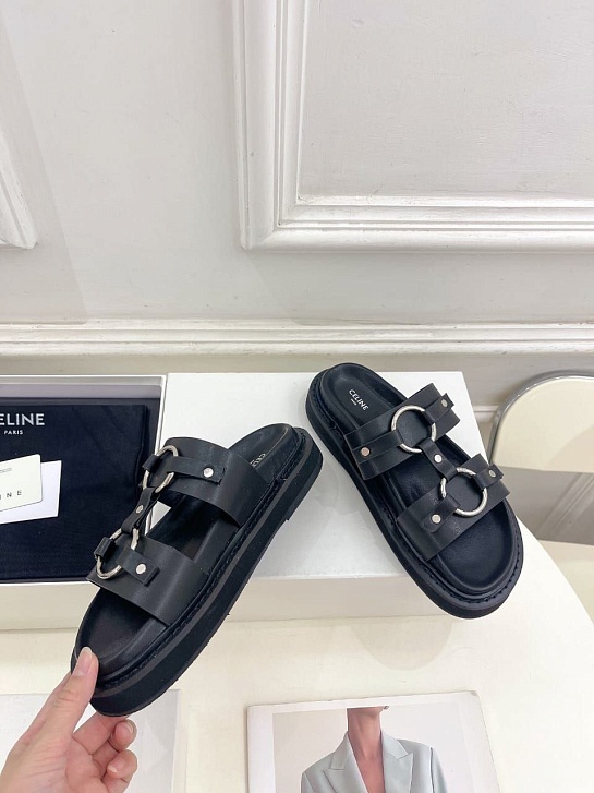 Женские кожаные шлёпанцы Celine Tippi - Black