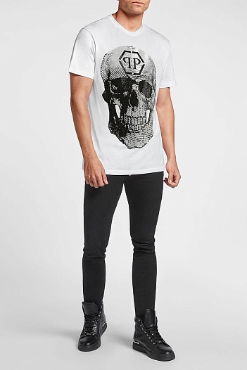 Белая футболка со стразами Philipp Plein skull   