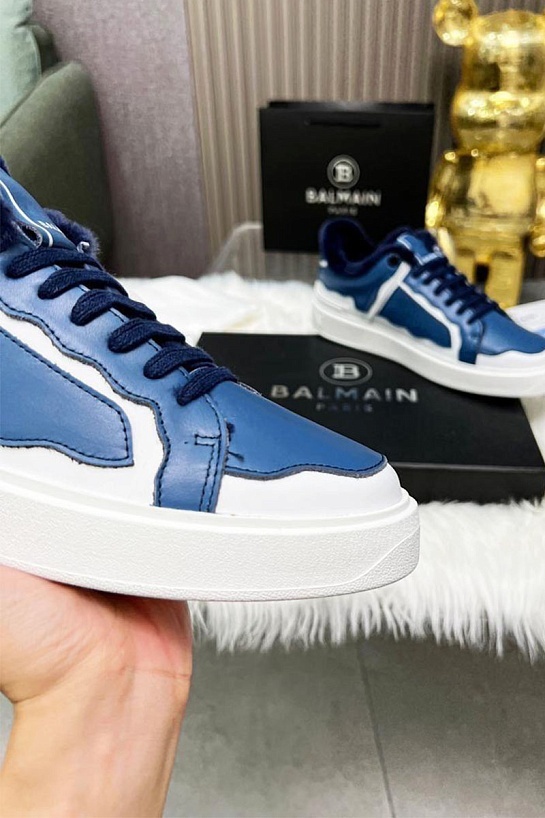 Кожаные кроссовки с мехом Balmain low-top - Blue / White