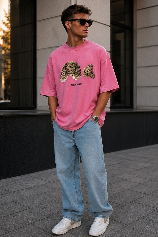 Розовая оверсайз футболка Palm Angels Leopard Bear