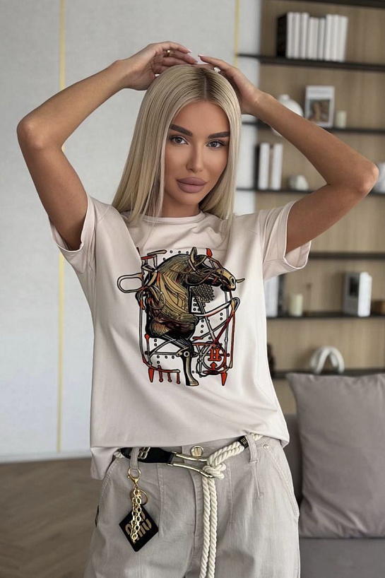 Бежевая женская футболка Hermes premium