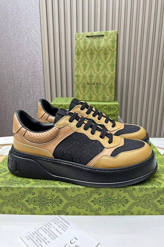 Мужские кожаные кроссовки Gucci - Beige / Black