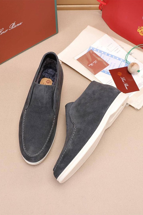 Замшевые лоферы с мехом Loro Piana Open Walk - Grey