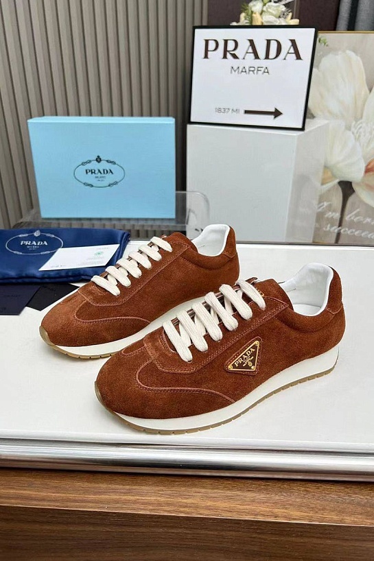 Женские замшевые кроссовки Prada Premium - Brown