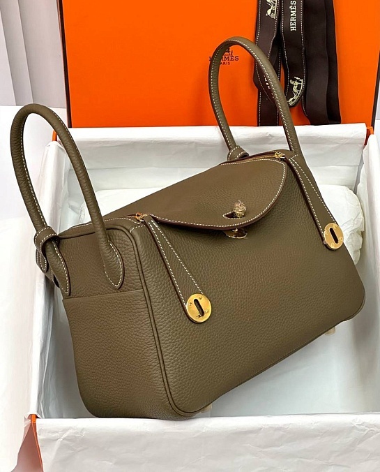 Женская кожаная сумка Hermes Lindy Premium 26x18x13 см - Olive