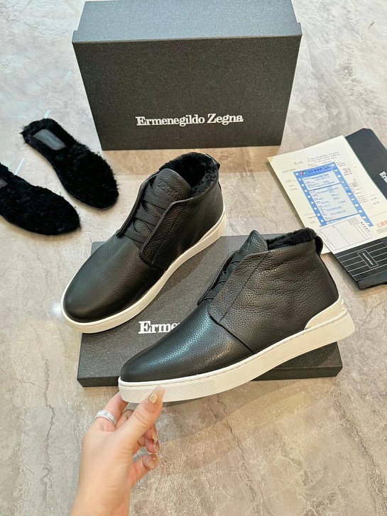 Кроссовки с мехом Ermenegildo Zegna Triple Stitch - Black / White