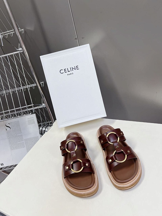 Женские кожаные шлёпанцы Celine Tippi - Brown