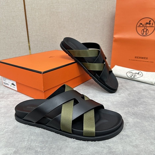 Мужские шлёпанцы Hermes Kazimir - Black / Khaki   