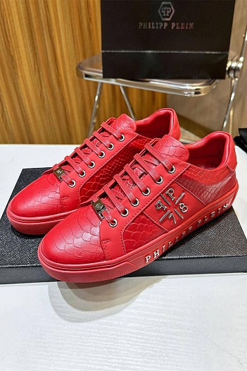 Мужские кожаные кроссовки Philipp Plein красного цвета   