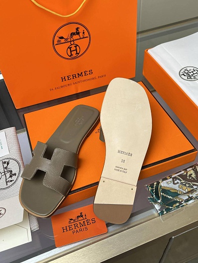 Женские кожаные шлёпанцы Hermes Premium - Brown   
