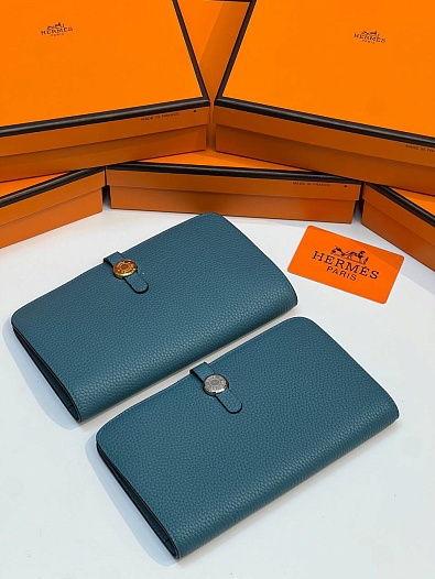 Кожаный кошелёк Hermes Dogon Duo - Blue 19.5x12 см   