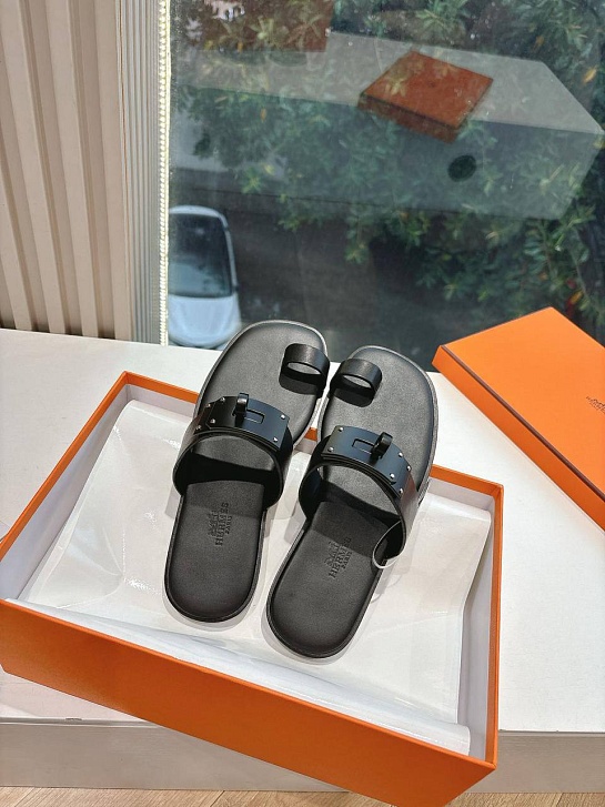 Женские кожаные шлёпанцы Hermes July Kelly premium