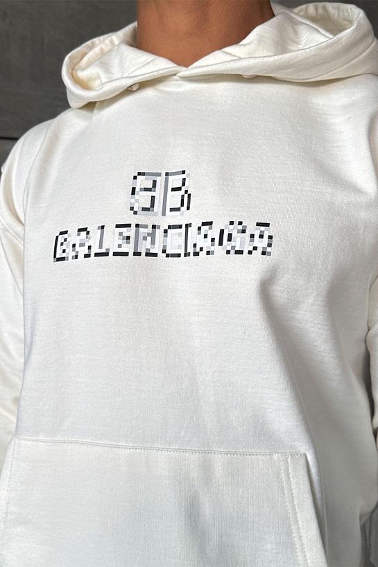 Белое оверсайз худи Balenciaga Pixel Logo