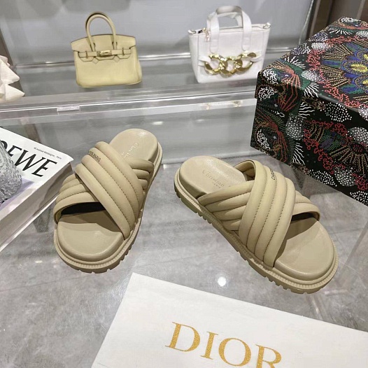 Женские кожаные шлёпанцы Dior D-Cross - Beige   