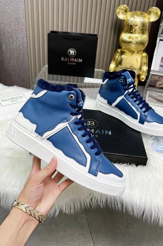 Кожаные кроссовки с мехом Balmain high-top - Blue / White