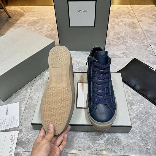 Кожаные кроссовки с мехом Tom Ford high-top - Navy   