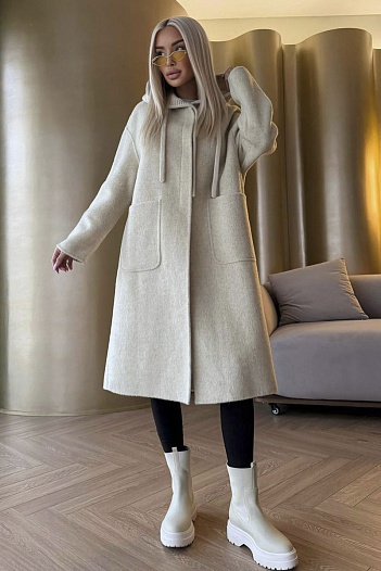 Женское шерстяное пальто с капюшоном MIU MIU Premium - Beige   