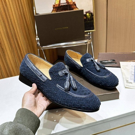 Мужские замшевые лоферы Bottega Veneta Intrecciato - Navy   