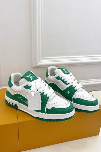 Женские кожаные кроссовки Louis Vuitton Trainer Monogram - White / Green   