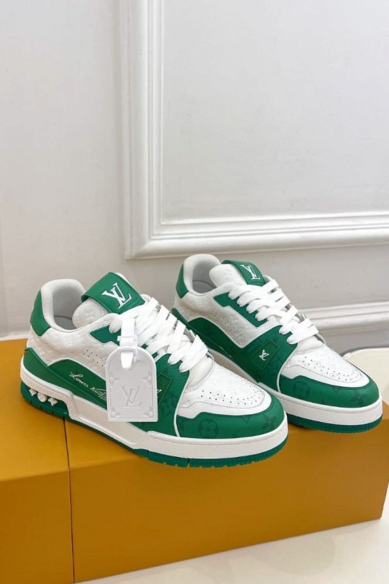 Женские кожаные кроссовки Louis Vuitton Trainer Monogram - White / Green
