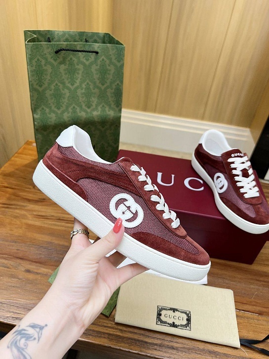 Женские замшевые кеды Gucci Premium - Burgundy