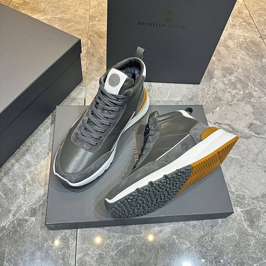 Кожаные кроссовки с мехом Brunello Cucinelli high-top - Grey