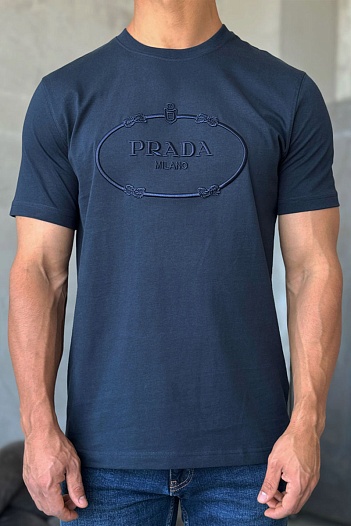Футболка тёмно-синего цвета Prada logo-embroidered   