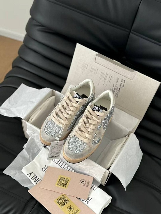 Женские кожаные кроссовки Golden Goose Ball Star Premium - Grey Sequin