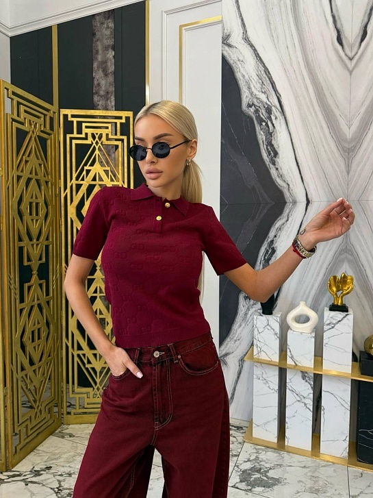 Бордовое женское поло Gucci GG monogram-pattern