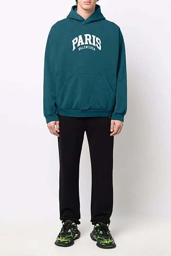 Худи сине-зелёного цвета Balenciaga Paris logo-print   