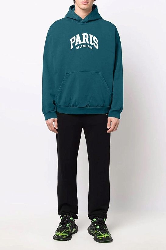 Худи сине-зелёного цвета Balenciaga Paris logo-print