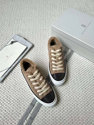 Женские кроссовки с мехом Brunello Cucinelli Premium - Beige   