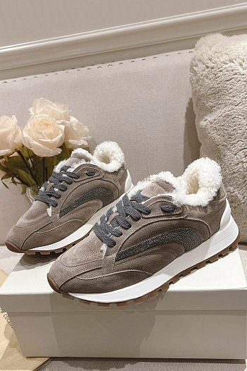 Женские замшевые кроссовки с мехом Brunello Cucinelli Premium   