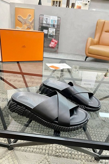Кожаные шлёпанцы Hermes Infra - Black   