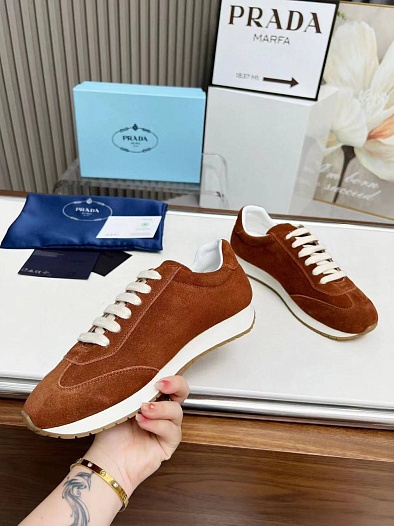Женские замшевые кроссовки Prada Premium - Brown   