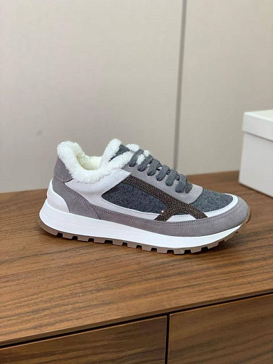 Женские замшевые кроссовки с мехом Brunello Cucinelli premium   