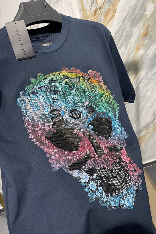 Мужская тёмно-синяя футболка Philipp Plein Skull