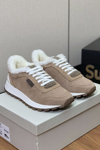 Женские замшевые кроссовки с мехом Brunello Cucinelli premium   