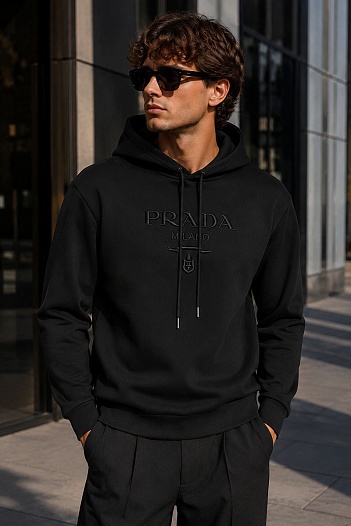 Мужское чёрное худи Prada logo-embroidered   