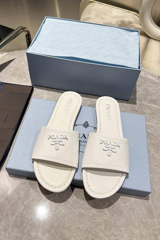 Женские кожаные шлёпанцы Prada Premium - White