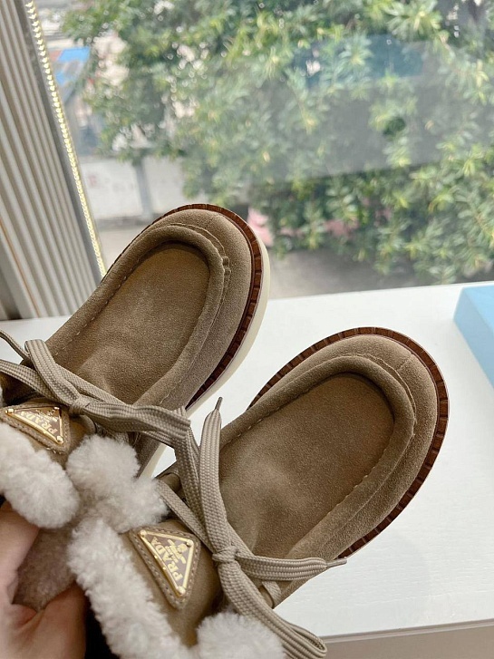 Женские замшевые ботинки с мехом Prada Premium - Brown