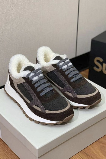 Женские замшевые кроссовки с мехом Brunello Cucinelli premium   