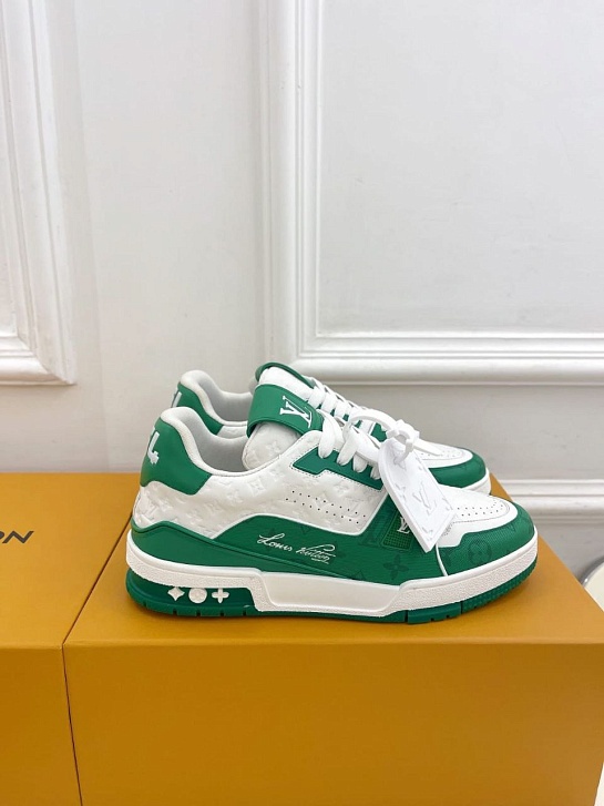 Женские кожаные кроссовки Louis Vuitton Trainer Monogram - White / Green