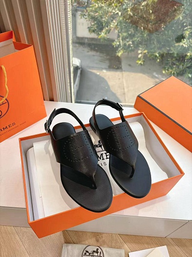 Женские кожаные сандалии Hermes Premium - Black   