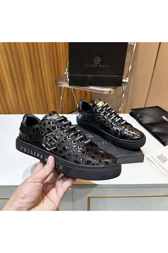 Мужские кожаные кроссовки Philipp Plein чёрного цвета