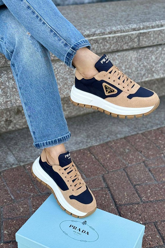 Женские комбинированные кроссовки Prada - Beige / Blue