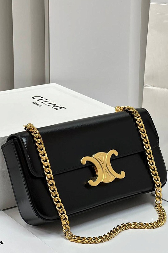 Женская кожаная сумка Celine Claude Premium 20.5x11.5x4 см - Black / Gold
