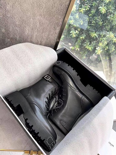 Женские кожаные ботинки с мехом Celine premium - Black   