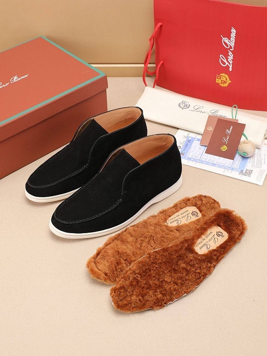 Замшевые лоферы с меховой стелькой Loro Piana Open Walk - Black