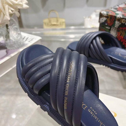 Женские кожаные шлёпанцы Dior D-Cross - Blue   